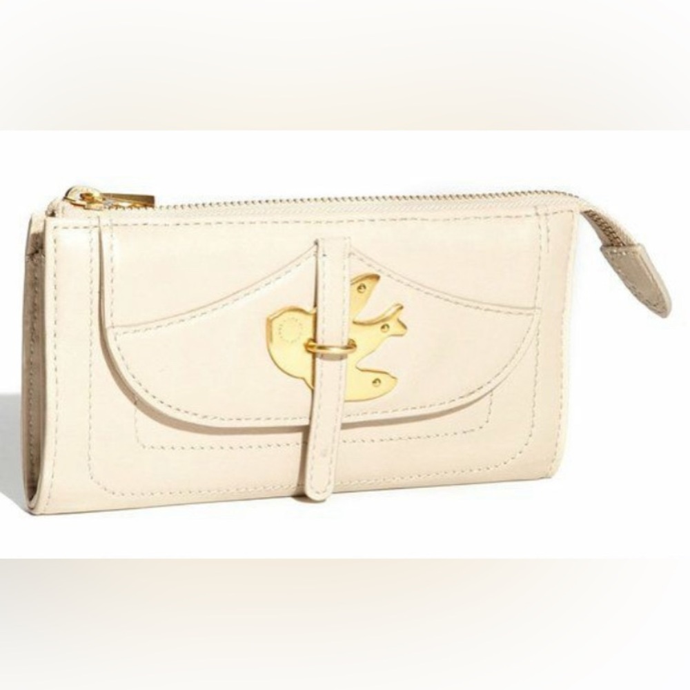 Cream Leather Zip Wallet with Gold Hardware